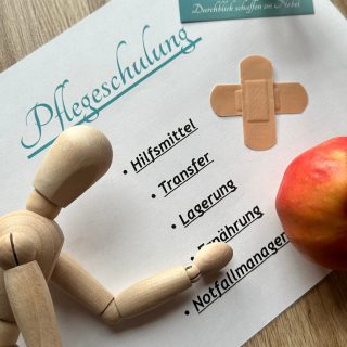 Pflegeschulung mit Holzfigur und Apfel